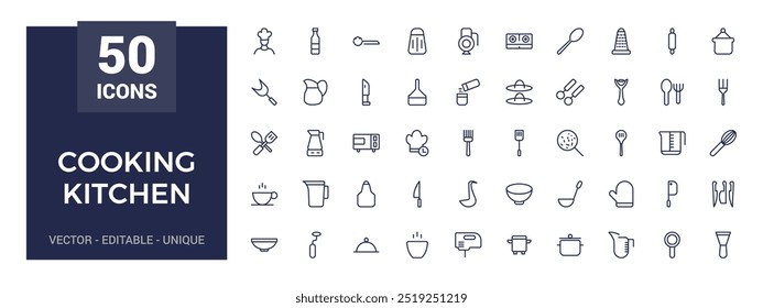 Cocinar Cocina icono conjunto. Iconos de cocina estilo lineal. Colección de icono de electrodoméstico de cocina. Ilustración vectorial.