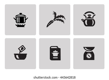 Cooking and kitchen icon set in minimalist style. Black sign on gray background