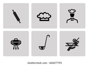 Cooking and kitchen icon set in minimalist style. Black sign on gray background