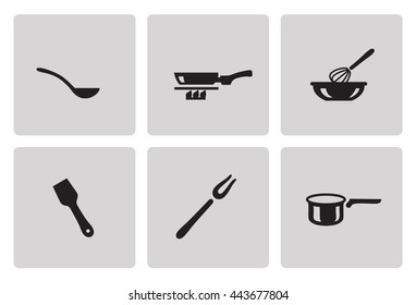 Cooking and kitchen icon set in minimalist style. Black sign on gray background