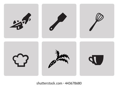 Cooking and kitchen icon set in minimalist style. Black sign on gray background
