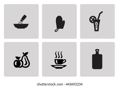 Cooking and kitchen icon set in minimalist style. Black sign on gray background