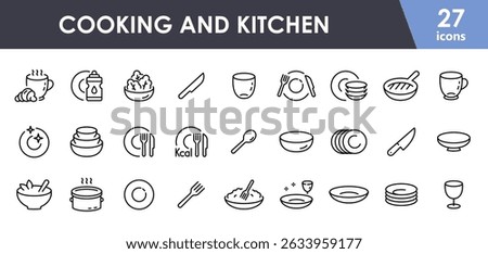 Cooking and kitchen icon set. Plate, dish, knife, spoon, food, drink and other icons. Cooking actions, cutlery, dishes utensils. Restaurant service concept. Vector