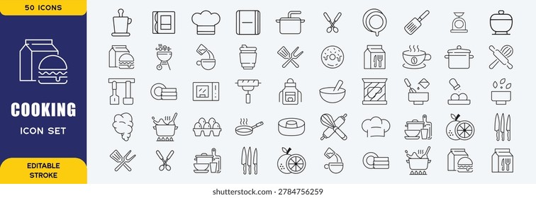 Cooking and kitchen icon set vector illustration with icons of tea, Frying pan, fork, knife, recipe book, microwave, stove, chef hat and cutting board, fish, meat, eggs, editable stroke line icons