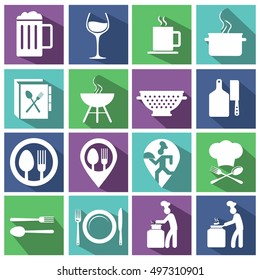 Cooking and kitchen icons with long shadow