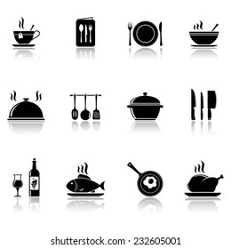 Cooking and kitchen icons with reflection