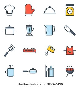 Cooking and kitchen icons. Set of clean line icons featuring various kitchen utensils and cooking related objects