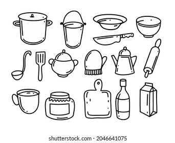 Cooking and kitchen icons set hand drawn black color outline style