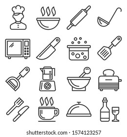 Cooking and Kitchen Icons Set on White Background. Line Style Vector