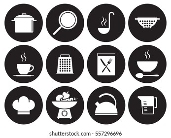 Iconos de cocina y cocina. Blanco sobre un fondo negro