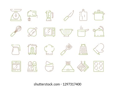 Cooking kitchen items. Knife pan spoons and forks cuisine tools microwave electronic scale vector thin line icons collection