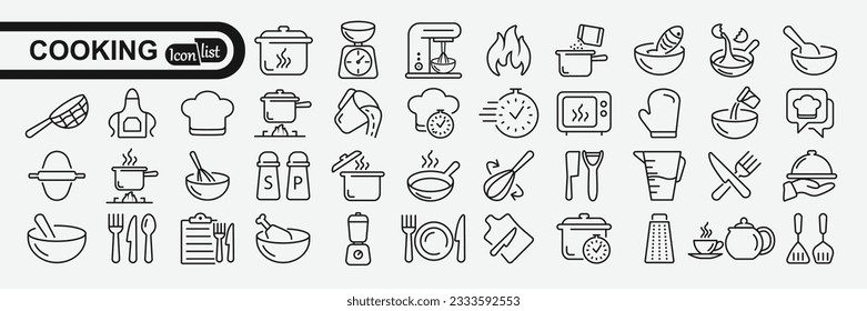  Cooking and kitchen line icon collection. Cooking book, frying time, hot pan. vector illustration.