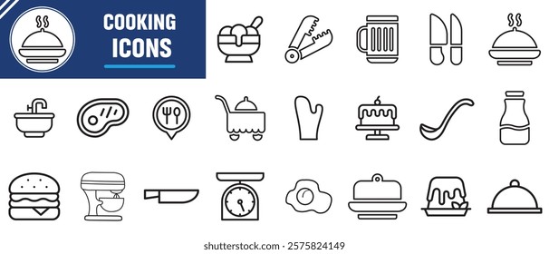 Cooking and kitchen line icon collection. Boiling time, Frying pan and Kitchen utensils. Fork, spoon and knife line icons. Recipe book, chef hat and cutting board. Vector illustration.