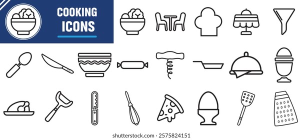 Cooking and kitchen line icon collection. Boiling time, Frying pan and Kitchen utensils. Fork, spoon and knife line icons. Recipe book, chef hat and cutting board. Vector illustration.