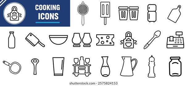 Cooking and kitchen line icon collection. Boiling time, Frying pan and Kitchen utensils. Fork, spoon and knife line icons. Recipe book, chef hat and cutting board. Vector illustration.