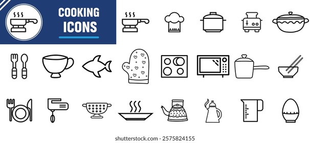 Cooking and kitchen line icon collection. Boiling time, Frying pan and Kitchen utensils. Fork, spoon and knife line icons. Recipe book, chef hat and cutting board. Vector illustration.