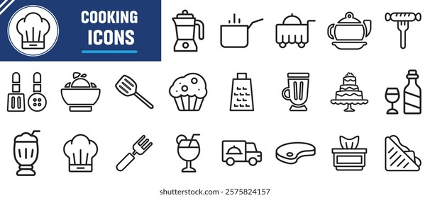 Cooking and kitchen line icon collection. Boiling time, Frying pan and Kitchen utensils. Fork, spoon and knife line icons. Recipe book, chef hat and cutting board. Vector illustration.