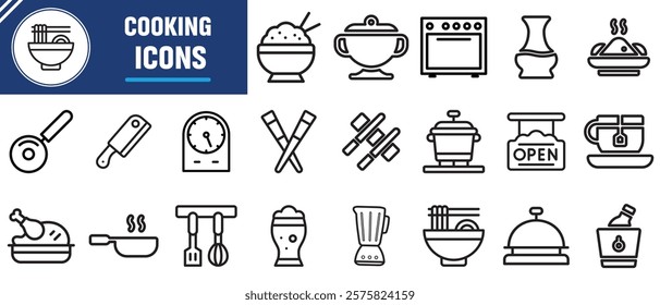 Cooking and kitchen line icon collection. Boiling time, Frying pan and Kitchen utensils. Fork, spoon and knife line icons. Recipe book, chef hat and cutting board. Vector illustration.