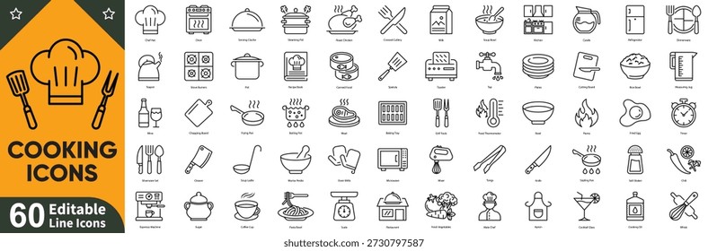 Cozinhar e cozinha linha de ícones conjunto com utensílios culinários, preparação de alimentos, assar, fritar e símbolos de restaurante. Vetor de traçado editável.