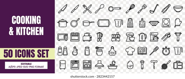 Cooking and kitchen line icons set including various culinary utensils equipment food preparation appliances storage containers and dining tools perfect for professional culinary web or mobile design