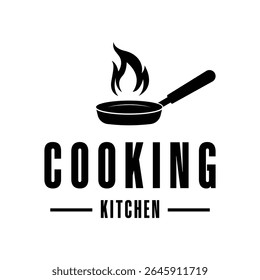 cooking kitchen logo design concept with frying pan and flame