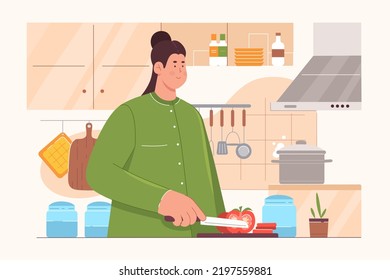 Cooking in kitchen, love to cook vector illustration. Cartoon female young chef character holding knife to cut vegetables for family dinner, woman preparing food for healthy nutrition and diet