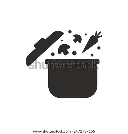 cooking kitchen pot or saucepan, kitchenware with vegetables flying under lid, flat vector illustration on a white background