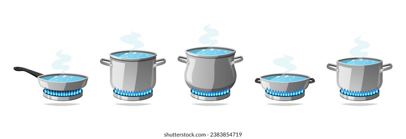 Cooking kitchen pots. Cooking boiling water on a gas stove.