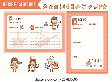 cooking and kitchen recipe card set with characters and ingredient icons