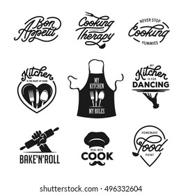 Cooking and kitchen related quotes set. Poster design elements. Bon appetit. Cooking therapy. Real men cook. My kitchen my rules. Never stop cooking. Vintage vector illustration.