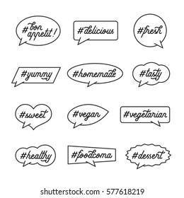 Cooking and kitchen related text with hashtags. Lettering quotes in bubbles. Trendy wall art calligraphy. Delicious labels set. Vector illustration.