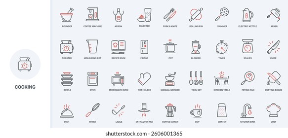 Cooking in kitchen, restaurant chefs and household equipment and kitchenware line icon set. Electric appliances and machine to cook, tools thin black and red outline symbols vector illustration