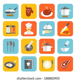 Cooking kitchen and restaurant flat icons set with pan glove chicken chef isolated vector illustration