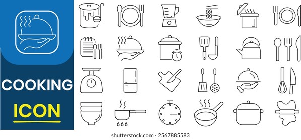 Cooking and kitchen, Restaurant icon set. Bread maker, blender, waffle maker, coffeemaker, frying time, hot pen, Juicer, meat grinder, fryer, mixer, dishwasher cutting board. Vector illustration.