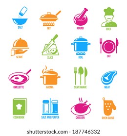 Cooking kitchen and restaurant icons set with salt fry chef serve slice boil  isolated vector illustration