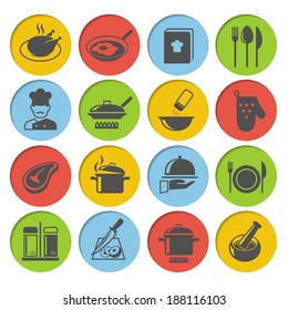 Cooking kitchen and restaurant icons set with chicken chef recipe book pot pan isolated vector illustration