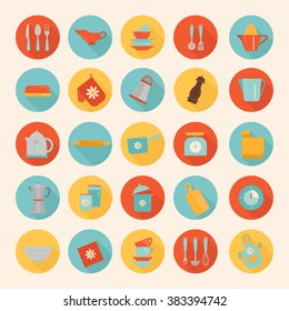 Cooking or kitchen round flat icons set. Vector illustration