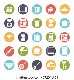 Cooking and Kitchen Round Vector Icon Collection. Set of 25 symbols, negative in colored circles