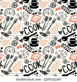 Cooking and kitchen seamless pattern. Vector illustration in doodle style. Sketch for culinary and restaurant design