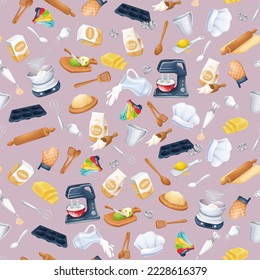 Cooking in kitchen set in seamless pattern vector illustration. Cartoon isolated utensils and food ingredients, equipment and tools to cook and bake sweet cakes by chefs recipe, cooking kitchenware
