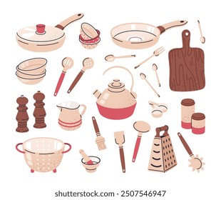 Cooking kitchen supplies. Hand drawn kitchen utensils, cutting board, pots and frying pan isolated flat vector illustration set. Cartoon cooking tools on white