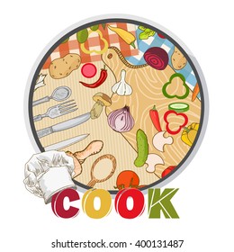 Cooking kitchen table fresh vegetables kitchenware hand drawn elements 
