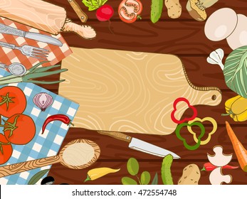 Cooking kitchen table fresh vegetables food template hand drawn cooking food sketch illustration 