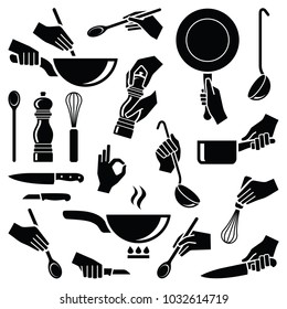 Cooking And Kitchen Tool With Hand Icon Collection - Vector Silhouette Illustration