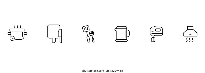 Cozinhar ferramenta utensílio fervura timer liquidificador chaleira corte de exaustão espátula preparação ícone vetor ilustração para conjunto de alimentos.