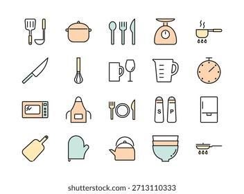 Cooking and kitchen tools line icon set. Colored vector illustration