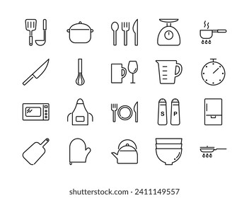 Juego de iconos de línea de herramientas de cocina y cocina. Ilustración del vector