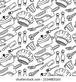 Cooking and kitchen tools seamless pattern in doodle style. Vector background with coocking tools.