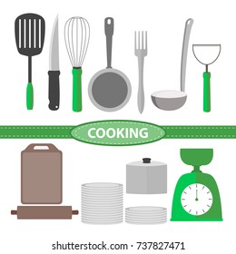 Cooking kitchen tools set flat vector illustration.