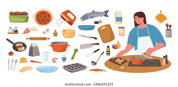 Utensilios de cocina y cocina. Chef mujer preparando la comida con colección de ingredientes y utensilios de cocina. Kit de creación de recetas para la cocina casera, la preparación de la cena, el conjunto de Vector de hobby del ama de casa.